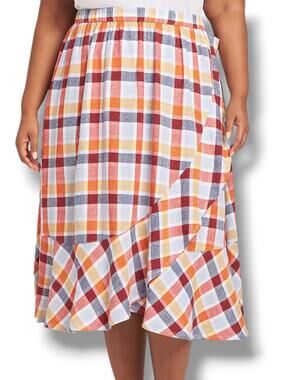 Lane Bryant Faux Wrap Plaid Maxi Skirt Linen Blend Plus Size 14 16 Colorful